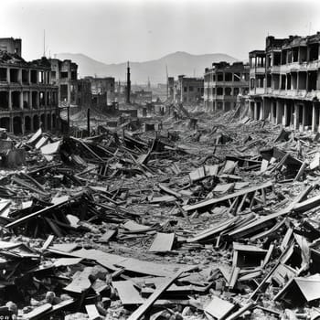 Photograph of destroyed buildings and houses due to the war. Mass destruction. Lifeless cities. Combat operations on the territory of civilians. Concrete, stones and glass shards.