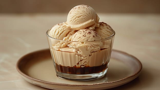 A glass cup filled with scoops of creamy vanilla ice cream topped with coffee sauce is on a beige saucer. The ice cream is sprinkled with a light dusting of cinnamon.
