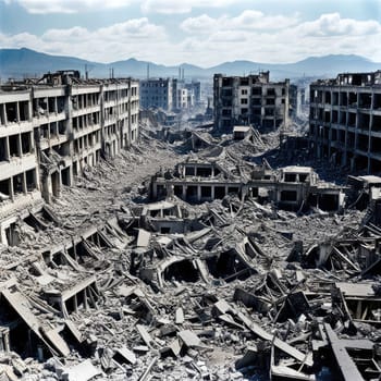 Photograph of destroyed buildings and houses due to the war. Mass destruction. Lifeless cities. Combat operations on the territory of civilians. Concrete, stones and glass shards.