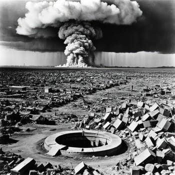 A photograph of a nuclear explosion against the backdrop of destroyed buildings and vacant lots and people. Military combat operations. Nuclear mushroom. Weapons of mass destruction.