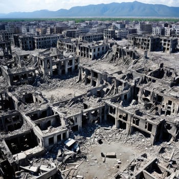 Photograph of destroyed buildings and houses due to the war. Mass destruction. Lifeless cities. Combat operations on the territory of civilians. Concrete, stones and glass shards.