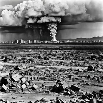 A photograph of a nuclear explosion against the backdrop of destroyed buildings and vacant lots and people. Military combat operations. Nuclear mushroom. Weapons of mass destruction.