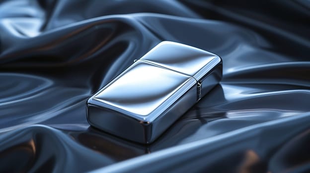 This image showcases a chrome lighter resting on a piece of black silk fabric. The lighter is shiny and reflective, capturing the light and reflecting its surroundings. The black silk fabric creates a luxurious and elegant backdrop for the lighter, enhancing its beauty and sophistication.