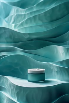 A close-up image of a white cream jar with a blue lid sitting on a blue, wavy background. The background is made of a textured material with soft, flowing lines that resemble waves. The cream jar is positioned in the center of the image and is illuminated by soft, natural light.