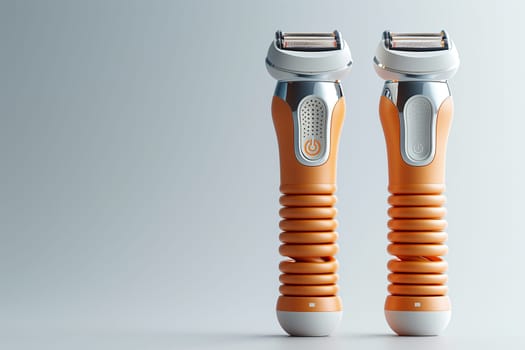 This image shows two electric razors, both with a bright orange handle and a white base. They feature a spring-like texture around the middle and a metallic shaving head on top. The razors are placed side-by-side against a white background, showcasing their design and functionality.