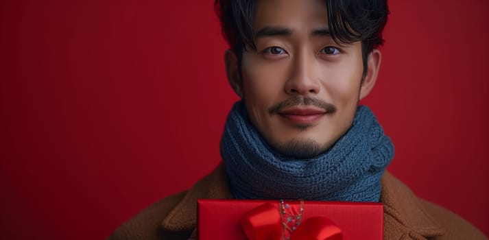 A man with dark hair, wearing a blue scarf and a brown jacket, smiles as he holds a red gift box in front of him. The background is a solid red color.