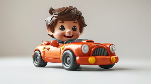 A small, smiling figurine of a boy is driving a bright orange convertible toy car. The boys head is large in proportion to his body, and he has brown hair. The car is a classic convertible with black wheels and yellow headlights. The figurine and car are in focus, while the background is blurred.