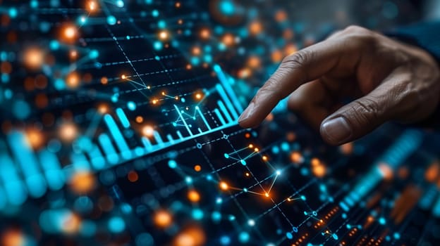 A close-up image showcasing a hand interacting with a digital screen displaying data visualization, charts, and graphs. The screen is illuminated with a blue and orange glow, highlighting the intricate data patterns. The image emphasizes the concept of data analysis and visualization in the digital age.