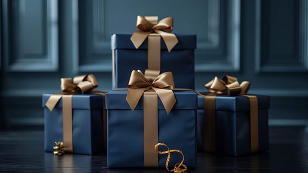A close-up photograph of four navy blue gift boxes, each tied with a gold ribbon and bow, arranged in a stack. The boxes are situated against a dark blue paneled wall, creating a sense of sophistication and elegance. The scene is lit with soft light, highlighting the shimmer of the gold ribbon and the depth of the navy blue boxes.