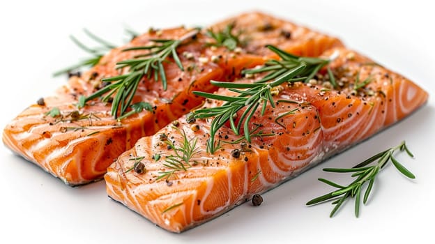 A close-up image of two raw salmon filets seasoned with rosemary sprigs, peppercorns, and salt, ready to be cooked. The filets are arranged on a white surface, showcasing their bright orange color and the fresh, aromatic herbs.
