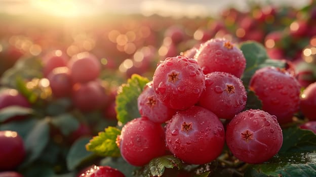 A close-up shot of red berries on a bush, covered in dew drops. The berries are in focus, while the background is blurred, showcasing the setting sun in the distance. The image captures the beauty of nature and the delicate details of the berries.