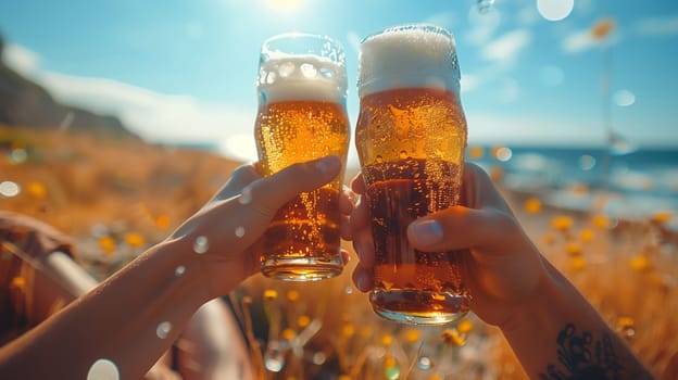 This image shows two people holding up glasses of beer and toasting on a sunny beach day. The beach is filled with yellow flowers and the ocean is visible in the background.