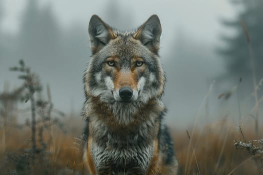 Rewilding. A wild wolf looks straight into the camera against a blurred background of foggy nature.