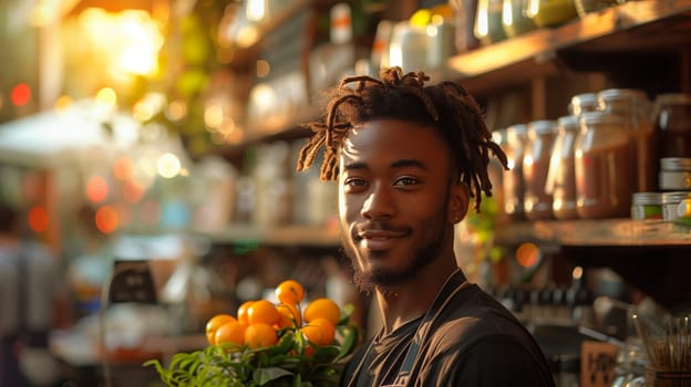 A young man with dreadlocks smiles at the camera as he stands in a shop holding a bunch of oranges. The shop is filled with jars and bottles on shelves behind him. Warm, golden light casts a glow on the scene.