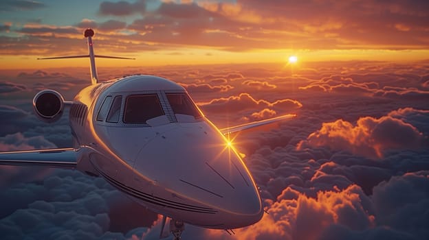 A private jet flies above the clouds, with the setting sun casting a warm glow on the sky and the clouds below. The plane is flying toward the sun, and the sunlight is reflecting off the windshield and the fuselage.