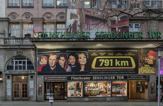 Munich, Germany - Dec 21, 2023 - Exterior architecture design of Filmtheater Sendliger Tor, Cinema of central Munich, Historical film theater from 1913, Space for text, Selective focus.