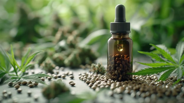A close up photograph of a glass dropper bottle containing CBD oil. The bottle is surrounded by hemp seeds and leaves, with a blurry background of lush greenery. The photograph highlights the natural ingredients used in CBD oil production.