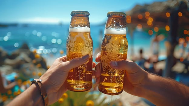 A close-up shot of two people toasting beer bottles at a beach bar. The bottles are cold and frosted, and the background is a blur of people, sand, and ocean. The scene is bright and sunny, with a festive atmosphere.