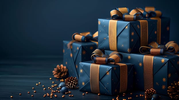 A close-up shot of several wrapped gifts stacked on a dark wooden surface. The gifts are wrapped in a dark blue paper with gold ribbon and have gold stars printed on them. The background is a dark blue wall, and there are gold beads scattered around the gifts.