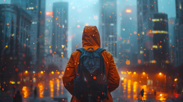 A lone person, wearing an orange raincoat and a backpack, walks through a city street at night. The city is bathed in the warm glow of streetlights and illuminated by rain falling from the sky.