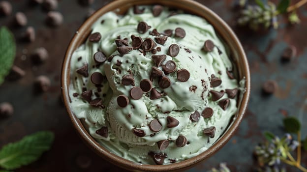 A close-up image of a bowl of mint chocolate chip ice cream. The ice cream is a light green color and is topped with chocolate chips. The ice cream is in a brown bowl and is surrounded by mint leaves and chocolate chips. The image is taken from a high angle.