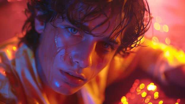 A close-up portrait of a young man with wet hair and skin, illuminated by bright, colorful neon lights. He looks intensely at the camera, his face illuminated by a mix of blue and red light, creating a dramatic and ethereal effect. The background features blurred out bokeh lights, adding to the overall mood of the image.