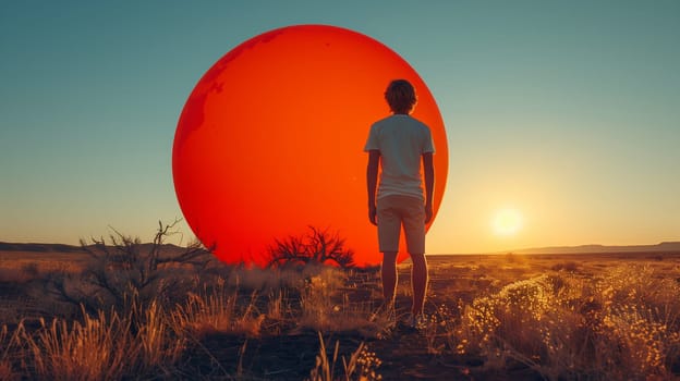 A man stands in a vast, dry desert landscape, gazing at a giant red balloon that appears to dwarf him. The setting sun casts an orange glow on the horizon, creating a surreal and mesmerizing scene.