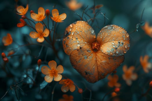 A close-up shot of a single, orange, heart-shaped petal covered in water droplets after a gentle rain. The petal is surrounded by other delicate flowers, all with a soft, orange glow. The background is a blurred, teal color, creating a serene and peaceful atmosphere.