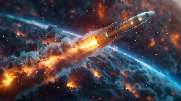 A powerful rocket blasts off from Earth, leaving a trail of fiery smoke and debris as it ascends through a dark and cloudy atmosphere. The rockets engines glow brightly against the backdrop of a starry sky.