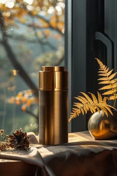 This image features a sleek, golden bottle resting on a white cloth-covered table. A large, golden fern frond leans towards the bottle, and a smaller golden sphere sits nearby. The background is a blurred image of an autumnal landscape, with yellow leaves and branches visible through a window. The warm, natural light and soft colors create a serene and elegant atmosphere.