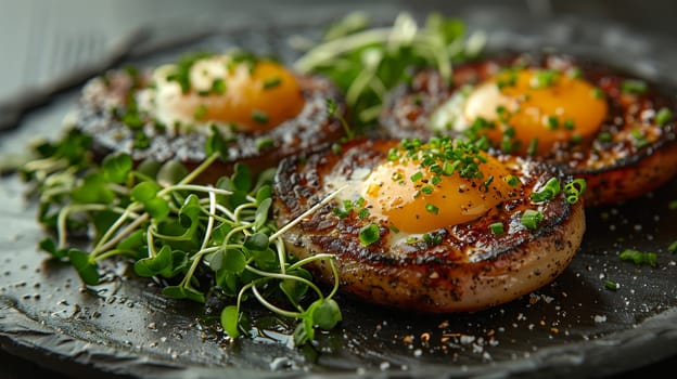 A close-up image of three grilled mushroom eggs topped with chives and a generous sprinkle of salt, resting on a black slate plate. The eggs are perfectly cooked, with the yolks still runny, and the mushrooms are golden brown and slightly charred. The plate is also adorned with sprigs of fresh green herbs.