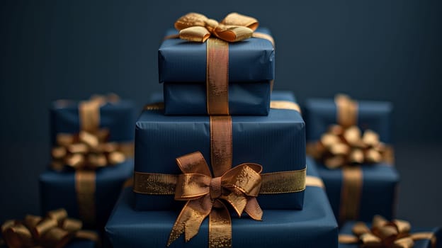 A close-up photo of a stack of wrapped gifts against a blue background. The gifts are wrapped in dark blue paper and tied with gold ribbon and bows. There are four gifts in the stack, with additional wrapped gifts visible in the background.