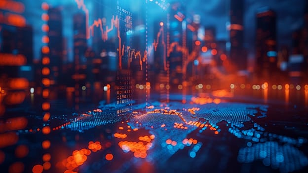 A digital world map with vibrant red and blue lights, showing financial data in the form of lines and numbers. The map is set against a backdrop of a cityscape with blurred lights, giving the impression of a bustling financial hub.