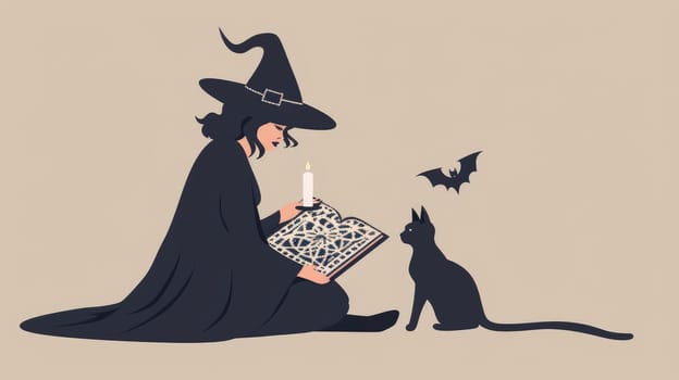 A witch is reading a book while a cat sits next to her. The cat is black and the book is open to a page with a candle on it. The scene has a spooky and mysterious mood