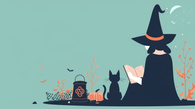 A girl in a witch costume is reading a book. The background features a pumpkin, a cat, and a lantern