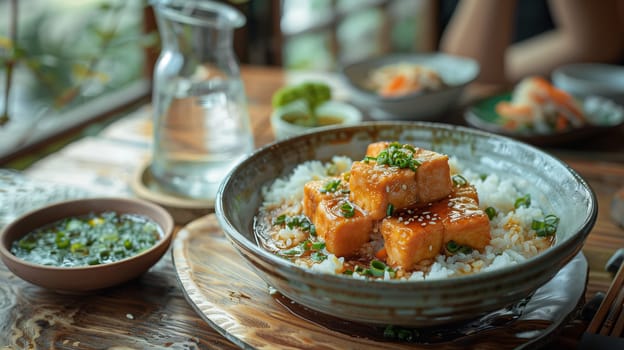A close-up image of a bowl of tofu and rice with sesame seeds and green onions. The tofu is glazed in a sweet and savory sauce. The rice is steamed and fluffy. The bowl is sitting on a wooden table in a restaurant setting.