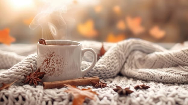 A white mug with cinnamon sticks and a leafy blanket. The mug is filled with hot coffee and the leaves on the blanket are orange and yellow. The scene conveys a cozy and warm atmosphere