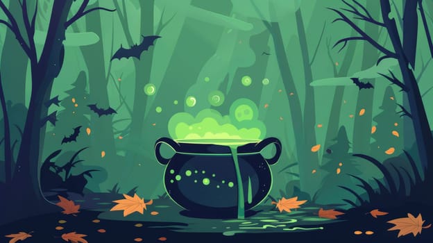 A green cauldron with green liquid in it is in a forest. The forest is dark and eerie, with bats flying around. The cauldron is the center of attention, and it seems to be emitting a green glow