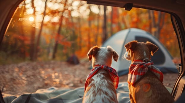 Two dogs are sitting in a car with a tent in the background. The dogs are wearing bandanas and seem to be enjoying the view