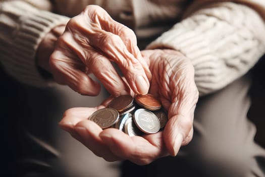 an elderly woman counting coins in her hand, wrinkled hands holding and counting various coins.