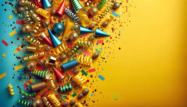 a festive background of party poppers, streamers, and confetti on a bright yellow background, copy space.