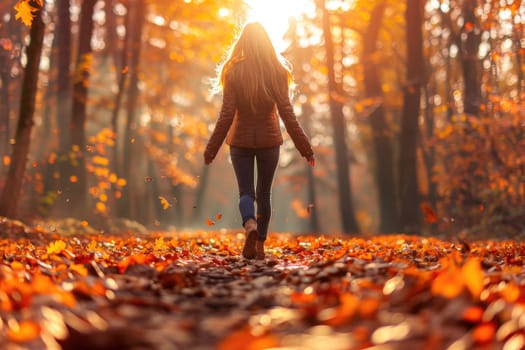 A woman is walking through a forest with leaves on the ground. The leaves are orange and fall from the trees