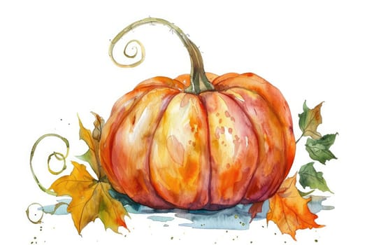 A watercolor painting of a pumpkin with a stem and leaves.