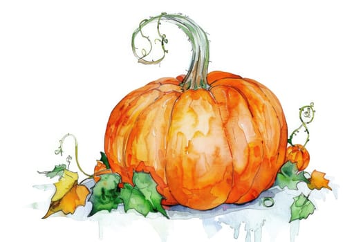 A watercolor painting of a pumpkin with leaves and vines. The pumpkin is the main focus of the painting, and the leaves and vines add a sense of depth and realism to the scene