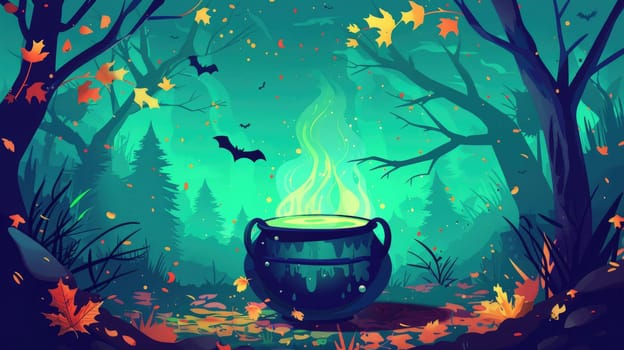 A green and blue forest with a large cauldron in the middle. The cauldron is filled with smoke and has a green glow. The scene is set in a dark and eerie atmosphere, with bats flying around