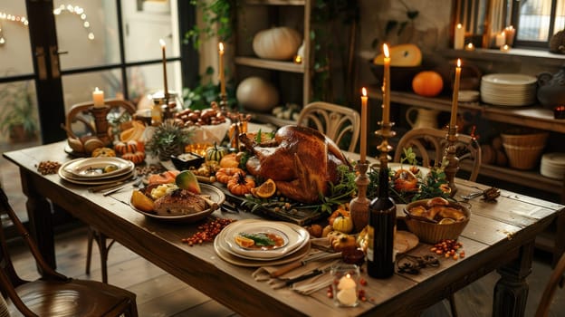 A table is set with a large turkey and many other dishes, including a pumpkin. The table is surrounded by chairs and lit with candles. Scene is warm and inviting, perfect for a holiday feast