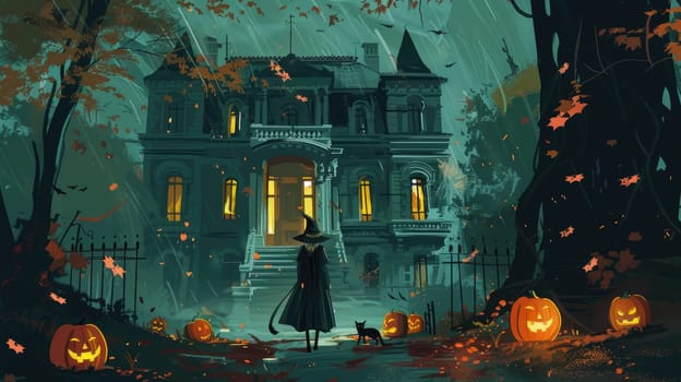 A woman in a black dress is walking down a path in front of a large house. The house is surrounded by trees and has a spooky atmosphere. There are several pumpkins scattered around the area