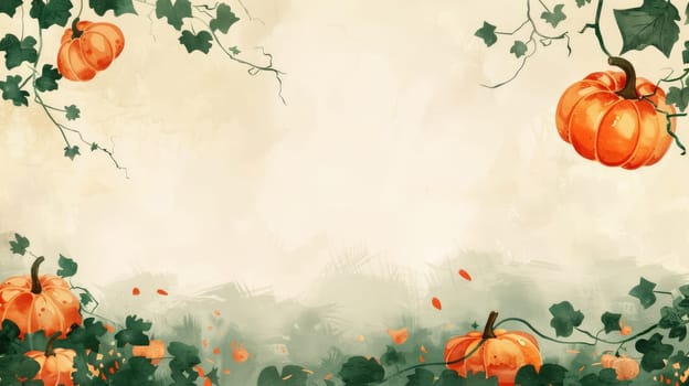 A painting of pumpkins and ivy with a white background. The painting has a warm and inviting mood, with the pumpkins and ivy creating a sense of autumn and nature