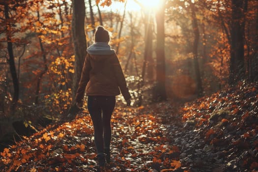 A woman is walking through a forest in the fall. She is wearing a brown jacket and a hat. The leaves on the ground are orange and yellow, creating a warm and cozy atmosphere