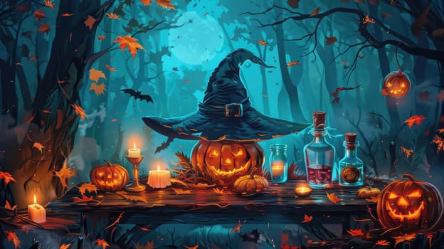 A witch's hat sits on a table with a pumpkin and other pumpkins. The table is surrounded by trees and leaves, giving the impression of a Halloween scene